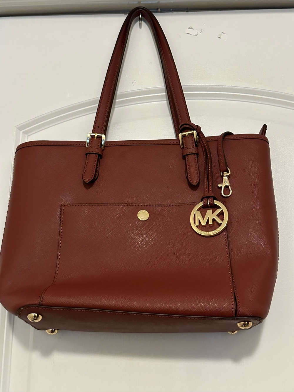 Michael Kors Wine Saffiano Leather Tote with Gold Hardware